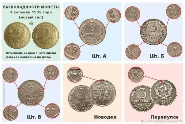 РАЗНОВИДНОСТИ 3 КОПЕЙКИ 1935 ГОДА. НОВЫЙ ТИП Отличить монету нового образца от старого несложно. Достаточно бросить беглый взгляд на ее аверс (сторону с гербом). Если там круговая надпись – перед Вами трешка старого типа.  Если же там нет ничего кроме герба и надписи «СССР» под ним – это монета нового типа.  Монета 3 копейки 1935 года (нового типа) чеканилась Ленинградом, так же как и предшественница старого образца, из алюминиевой бронзы.  Напомнм, что это материал золотистого цвета, представляющий собой сплав меди с алюминием.  Точный тираж выпуска неведом, такие данные не сохранились. Но есть информация, что совокупный тираж трешек старого и нового типа – 5 830,2 тыс. шт.  Весовые и габаритные характеристики 3 копеек 1935 года (нового образца) сохранились неизменными. Диаметр по-прежнему составляет 22 мм; толщина также примерно 1 мм. Вес – ровно 3 грамма.  Аверс монеты претерпел значительную трансформацию, став значительно лаконичнее и проще. Большую часть пространства аверса трешки занял герб СССР. Сам он остался почти без изменений: восходящее светило, Земля покрытая сеткой меридианов и параллелей, серп и молот, пшеничные колосья, связанные лентой с 7 витками, и пятиконечная рельефная звезда. Вот последняя особого вида – «разрезная» звезда, с прорезями идущими от центра к углам между лучами.    Под гербом расположилась аббревиатура «СССР». Буквы уже не округлые, а прямоугольной формы. Хотя и имеют скругленные края.  Размещены они в три ступеньки: первая буква на одном уровне, две следующие ниже, последняя вновь выше. Поле аверса 3 копеек 1935 года ограничивает выпуклый бортик канта.  Реверс монеты остался без существенных изменений рисунка штемпеля.  Вверху неизменно красуется большая цифра «3», под ней в три строки надписи: «КОПЕЙКИ», «1935» и круглая точка.  По бокам разместились рельефные колоски, стебли которых скрещиваются, загибаются вверх и смыкаются в наивысшей точке, замыкаясь в кольцо.  По краю «бежит» кант.  Гурт 3 копеек 1935 года «нового типа» остался рубчатым. Ребро монеты, на всем его протяжении, покрывают поперечные насечки.  Взгляните на рисунок, где наглядно продемонстрированы все разновидности монеты 3 копейки 1935 года «нового типа» и их различия.    Шт. А – особенность в том, что вторые снизу ости («палочки», подробнее в предыдущей статье) пшеничных колосьев на реверсе монеты заканчиваются посередине боковых узелков (точки на стебельках колосьев). А 2-й нижний узелок (вернее пара узелков) с левой стороны разместился под первыми двумя цифрами года выпуска. Если провести от этих узелков вертикальные линии вверх, они пройдут точно между «1» и «9». (как показано на схеме выше).  Стоимость 3 копеек 1935 года такой разновидности всего 150-450 руб., за монетку хорошей сохранности (VF, XF). Если трешка не была в обращении, сохранила штемпельный блеск и упакована в специальную капсулу, то цена на нее может составить 15-25 тыс. руб. и выше.    Шт. Б – вторая разновидность более редкая. Ее боковые узелки начинаются уже выше - около острия вторых остей колосьев. А первый и предпоследний нижние узелки (отсчет слева направо) завершаются на границе начала первой и второй букв «К» в надписи «КОПЕЙКИ».  Цена на 3 копейки 1935 года (новый тип) с таким штемпелем – 1-2 тыс. руб. (VF). Монетка, не бывшая в обращении, оценивается в 4 тыс. руб.    Шт. В – у третьей разновидности монеты боковые узелки повторяют предыдущий подтип. Они также начинаются у навершия вторых снизу остей. Первые слева нижние узелки начинаются около вертикальной стойки буквы «К». Предпоследние нижние узелки начинаются под «Й» и заканчиваются не доходя до «К».  Подобная разновидность трех копеек 1935 года (нового образца) попадается достаточно нечасто (хотя и чаще шт. Б), чтобы цена на монету (VF) составила 800-1500 руб. Не ходившая или практически не ходившая в обращении трешка оценивается в 8-10 тыс. руб.   