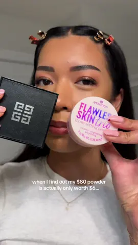 Is the new @essence.cosmetics flawless skin trio an affordable alternative to the @Givenchy Beauty prisme libre loose powder? 👀  I wouldn’t say it’s an exact dupe but I do think the Essence powder brightens and controls oil. The major difference is the 3 vs 4 discs and the essence powder can be a bit chalky in texture whereas givenchy’s powder is ultra micronized making it feel a lot smoother and the price 😳 #givenchyprismelibreloosepowder #essenceflawlessskintrio #brighteningpowder #pinkpowder #loosepowder 
