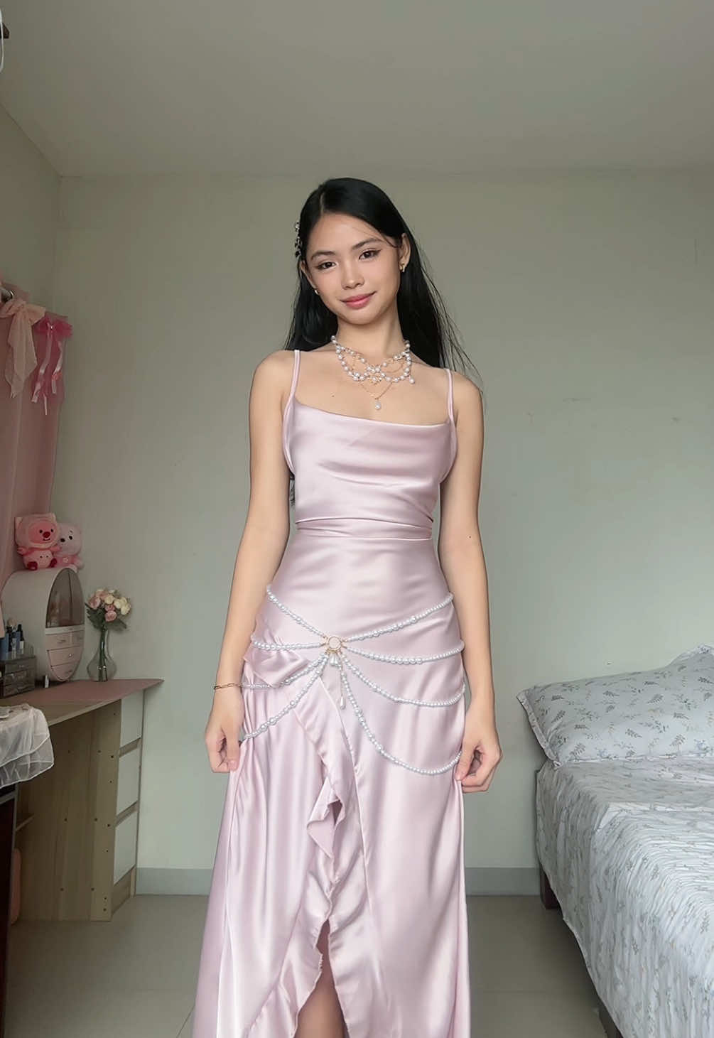 i walked with u once upon a dream 🦢🪷 #dress #silldress #princessdress #ethereal #pinkoutfit #pearlwaistchain 