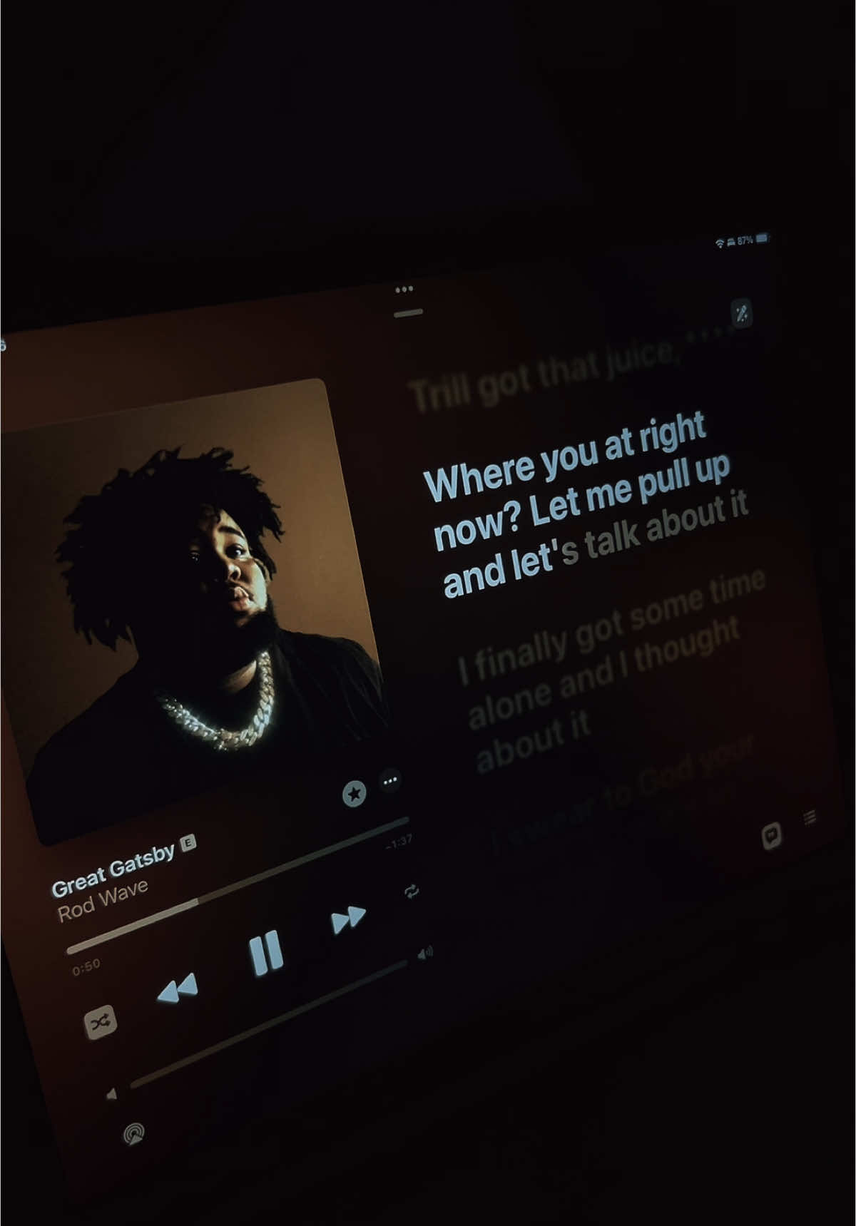 I been thuggin for so long, bae, give me a break😔 #rodwave #greatgatsby #lyrics #vibe #latenight #applemusic #musictok #fypシ #rnb #thinking #feelings 