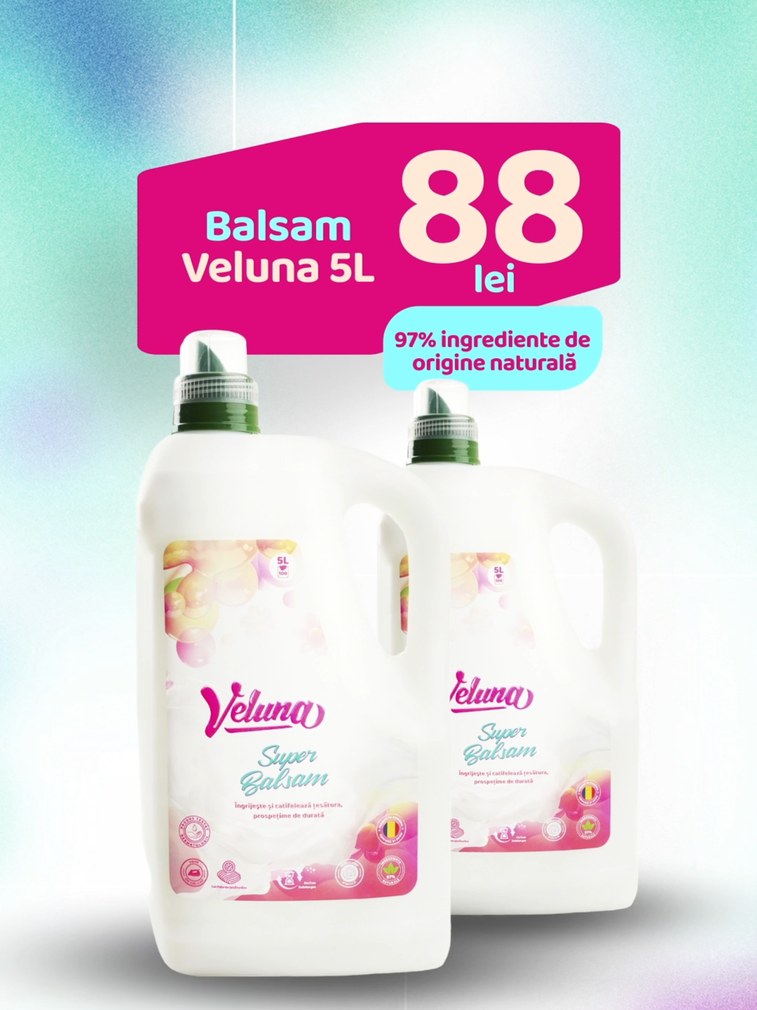 📢 OFERTĂ MARE pentru haine curate și fericite!  Descoperă puterea VELUNA în varianta XL: 🧼 Detergent lichid VELUNA 5L – doar 94 lei  🌸 Balsam VELUNA 5L – doar 88 lei Formule eficiente, testate dermatologic, cu enzime + bicarbonat pentru curățare profundă și protecția culorilor.  Și da, mirosul? Proaspăt, curat și de durată. 💙 🛒 Intră pe detergentulveluna.ro și prinde oferta cât ține!  #VelunaXL #CuratPeBune #HaineFericite  🧺✨5️⃣L