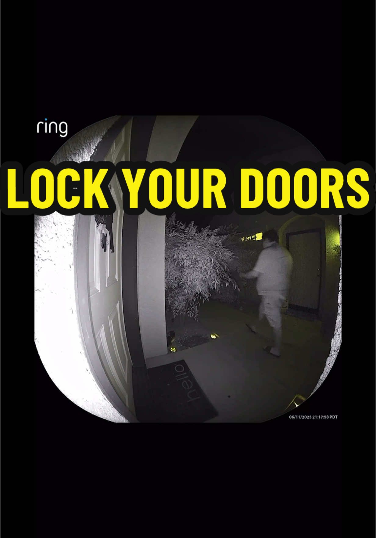 🚨 Visalia, CA.  On 6/11/25 at approximately 9pm my sister was chased up her drive way and into her apartment by an unknown man. He chased her all the way up to/passed her front door (as shown) and went to her back gate. He’s heard calling “lady” in this video  BE SAFE AND LOCK YOUR DOORS 🚨 #ring #ringdoorbell #camera #visalia #staysafe #scary 