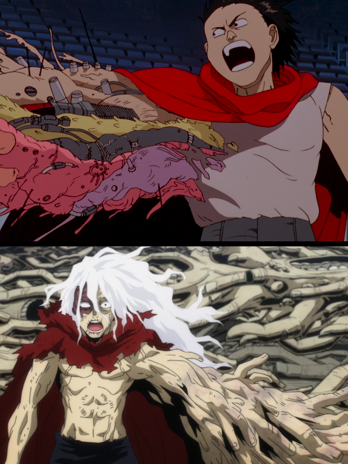 I've been thinking a lot about the similarities between Tomura Shigaraki and Tetsuo Shima from Akira.     The  visual and character parallels and references within My Hero Academia  are SO distinct and this isn't even close to all of them. There are so  many more in the manga.    Both are shaped by their trauma and the desire for control.  Both are experimented on.  Both have an exponential increase in power at the cost of stability.  Both ascend to a higher consciousness.  Both physically become monsters by the end.  Neither survive.    Just food for thought. (Plus, Tenko Shimura and Tetsuo Shima? I mean come on.) #myheroacademia #bokunoheroacademia #akira #tomurashigaraki #shigaraki #anime #manga #fyp