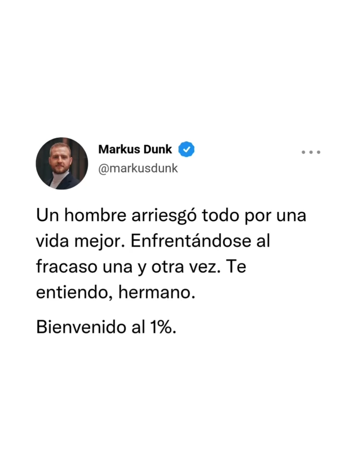 Un hombre lo arriesgó todo por una vida mejor. Fracasando una y otra vez. Te entiendo, hermano. Yo también estuve ahí. Bienvenido al 1%. Sígueme en @markusdunk… me encanta acompañarte en el camino si buscas una vida mejor 🔥