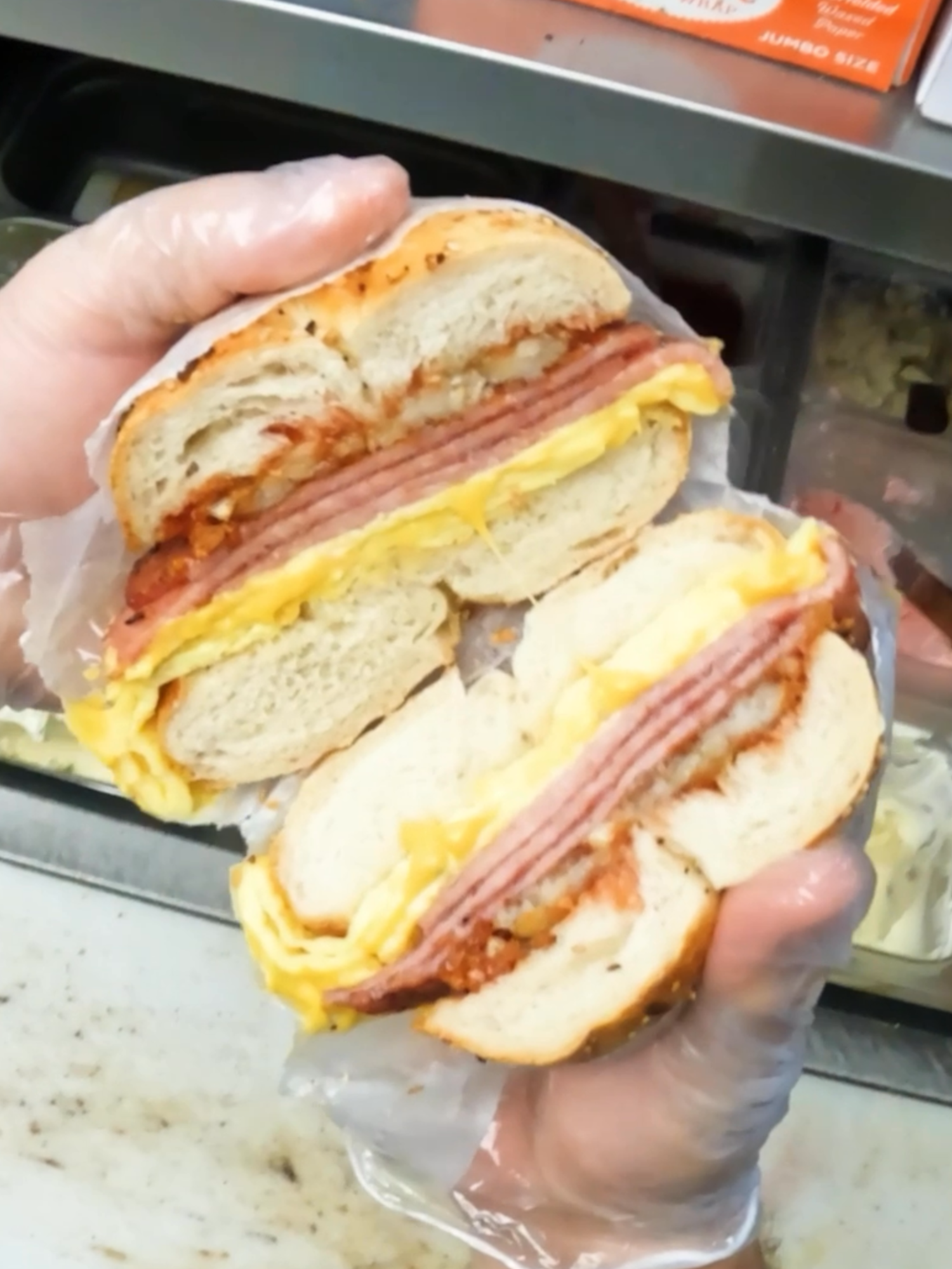 Taylor Ham Egg N' Cheese with a Hashbrown 🥯 the JERSEY DEBATE breakfast sandwich #nj #bagels #bagelsandwich