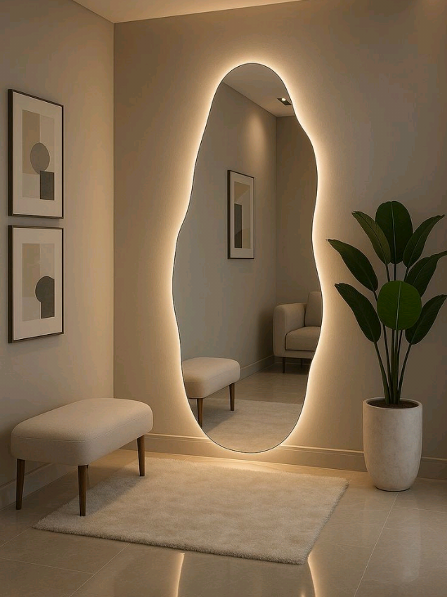 ESPELHO ORGÂNICO COM LED #decoracao #espelho #utilidades #dourado #sala 