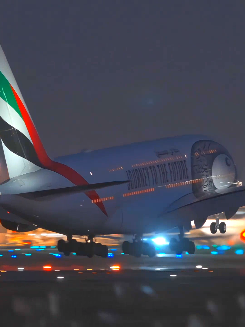 The Emirates Airlines A380 makes a beautiful landing on the runway, providing a stunning night view #EmiratesAirlines #A380 #Landing #Runway #NightView #Aviation #Beautiful #Sky #AirTravel #AirplaneLovers #TikTokCreatorSearchInsightsIncentive 