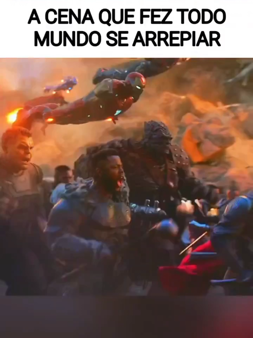 Filme: Vingadores: Ultimato (Avengers: Endgame) Na batalha final contra Thanos, os heróis estão quase derrotados. Mas então, portais se abrem e todos os aliados dos Vingadores aparecem: feiticeiros, Wakandanos, Guardiões da Galáxia e muitos outros. Capitão América, empunhando o Mjolnir e seu escudo, observa seus amigos reunidos e diz com firmeza: 