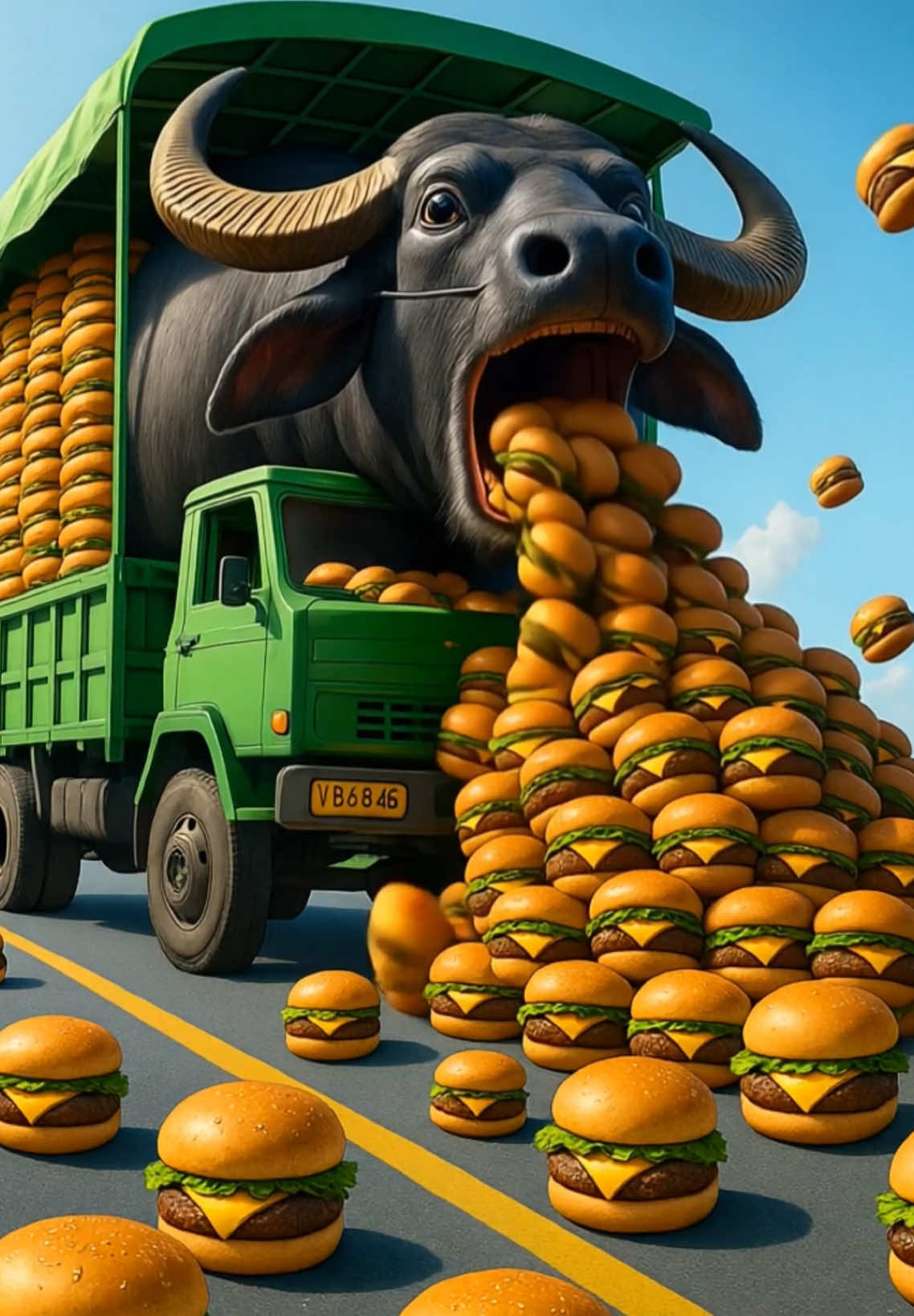 The farmer's hungry buffalo eats all the farmer's fodder and then eats cake and burger 😭 #ai #cow #farmer #burger #cake #aistory #animal #cartoon #trending #buffalo #foryou #foryoupage 