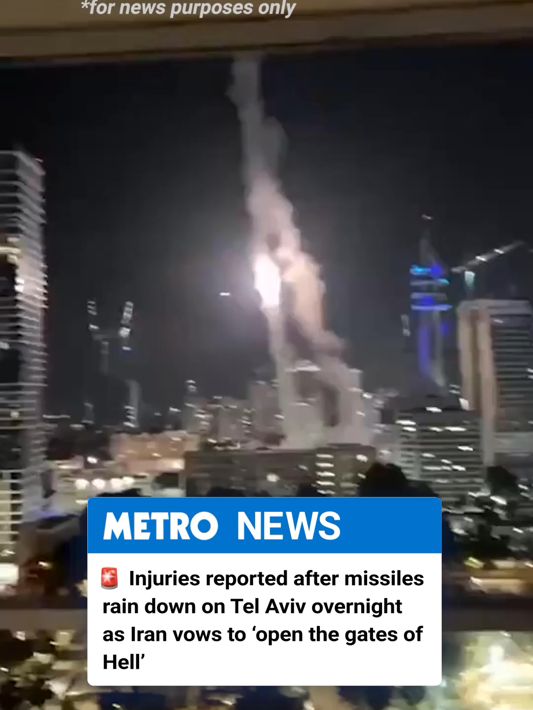 Israelis took cover as Tel Aviv was hit by a wave of missiles after Iran vowed to ‘open the gates of hell’. Seven people were injured in the blast, two severely and two moderately, local authorities said. In the nearby town of Ramat Gan, people were evacuated from a building hit by a missile. #worldnews #iran #tehran #worldconflict #middleast