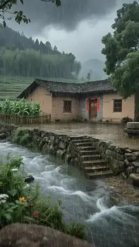 The rain curtain covers the green mountains, the stream flows around the courtyard, and the desired life is hidden in this fireworks#Healing 