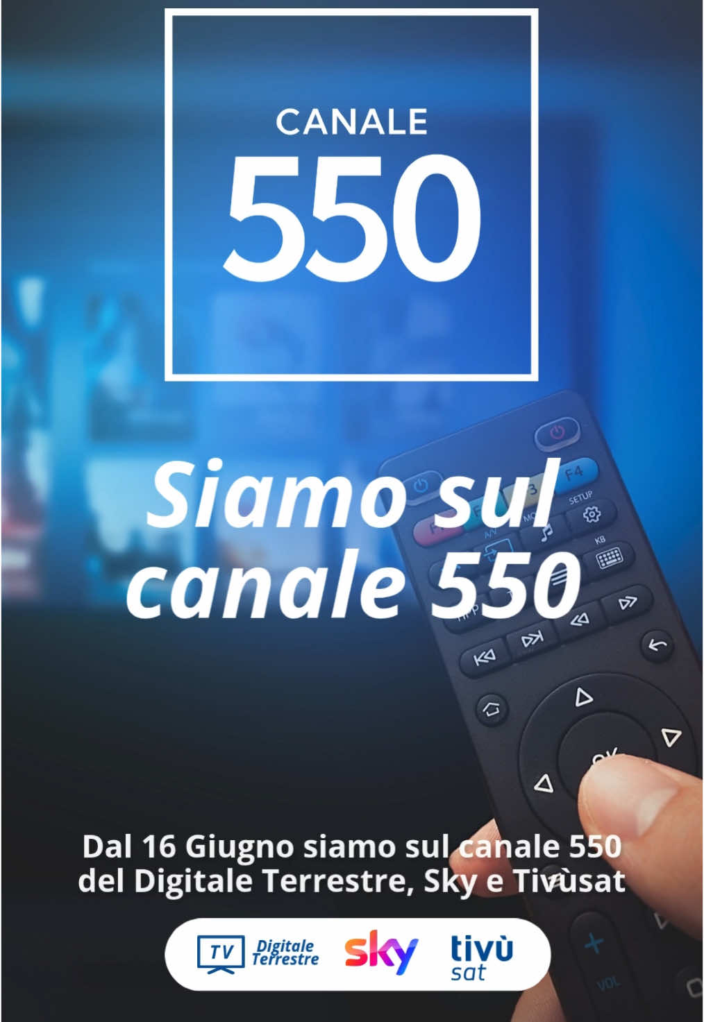 Dal 16 giugno San Marino Rtv è sul canale 550 del Digitale Terrestre, Sky e Tivùsat. Risintonizza il televisore o il decoder