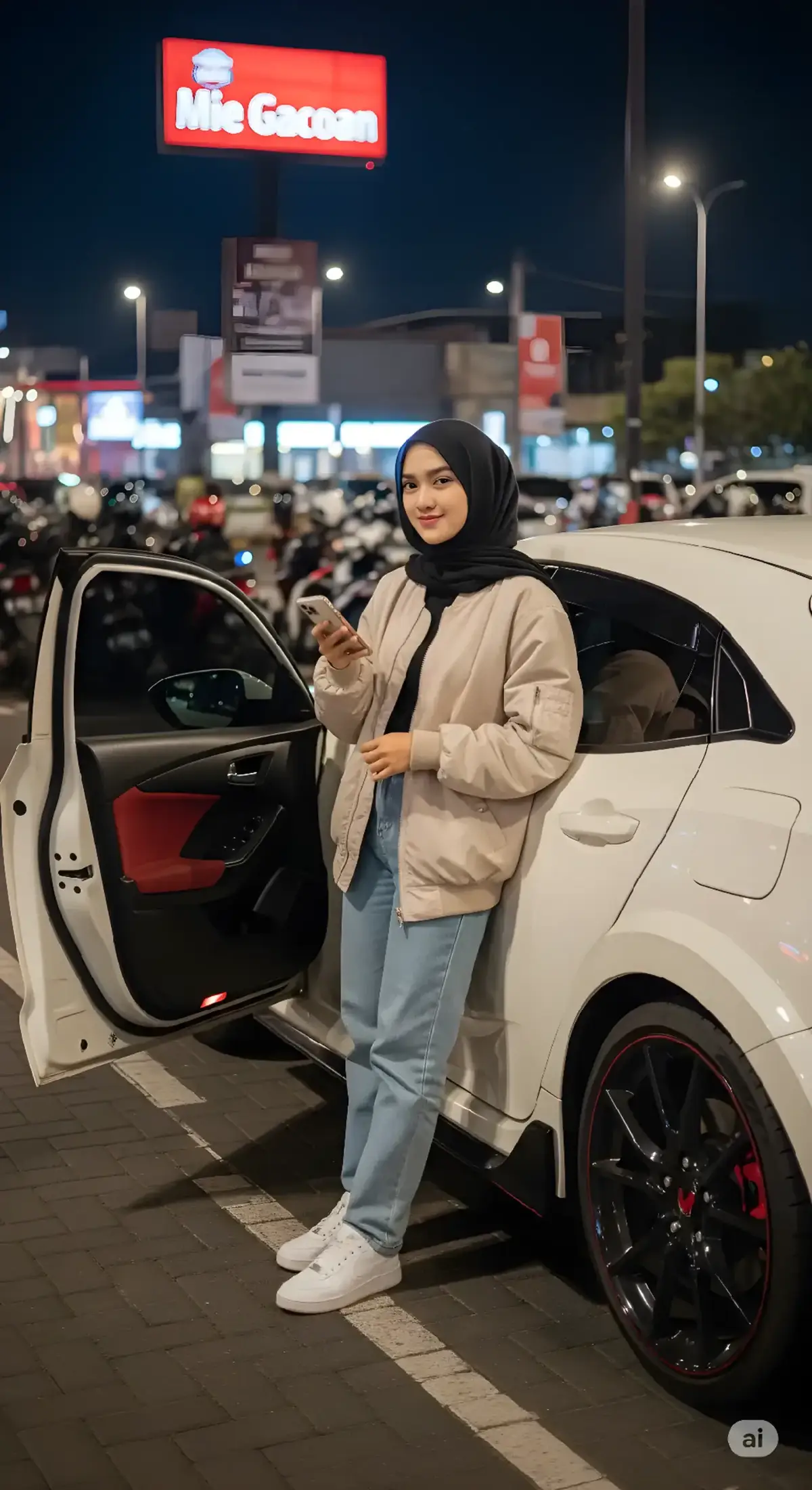 Prompt :  Seorang wanita muda berhijab sedang duduk santai di dalam mobil dengan pintu terbuka mobil sport Honda Civic Type R berwarna putih glossy dengan velg racing hitam. Ia mengenakan hijab warna hitam polos yang rapi, dipadukan dengan jaket bomber oversized warna beige dan celana jeans biru terang. Di kakinya terlihat sneakers putih yang bersih dan stylish. Wanita itu tersenyum tipis, tangan kirinya bersandar di bagian atas pintu mobil, sementara tangan kanan memegang ponsel iPhone, menciptakan kesan kasual namun keren. Latar belakang menunjukkan area parkir restoran Mie Gacoan yang khas, dengan papan nama besar 