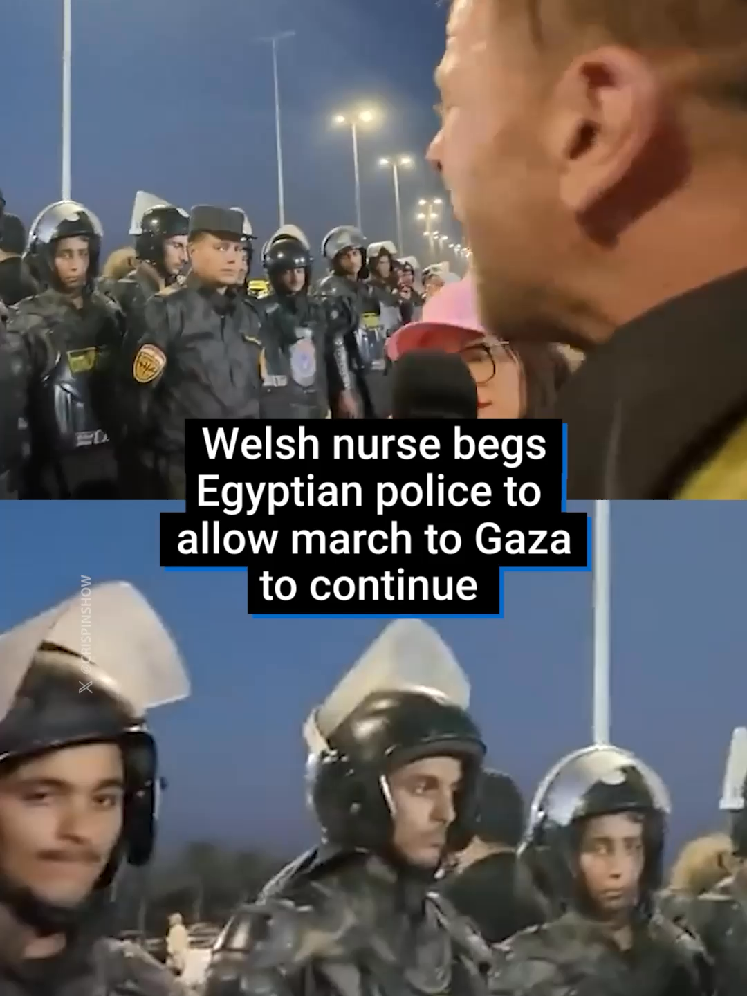A Welsh nurse who has witnessed the war in Gaza first hand, has gone viral after pleading with Egyptian police to allow protestors from @globalmarchtogaza to Gaza to continue to Rafah. 4,000 protesters from 80 countries are planning to march to the Egypt’s border with Gaza with the stated aim of breaking Israel’s blockade on the territory by delivering aid. Organisers say the passports of at least 40 people were confiscated, after demonstrators demanded to be let through a checkpoint and that security forces began forcibly detaining people. #worldnews #globalmarchtogaza #globalmarchpalestine #egypt #rafah #border #welsh #nurse