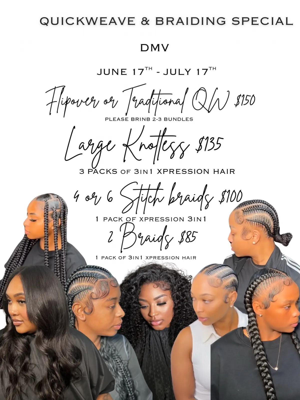 I will officially be moving to the DMV area! Im super excited I’m throwing a braiding special for my girls! Book the special 💕  The standard length for all braiding styles will be waist, anything longer is an additional up charge  depending on the length.  Please come shampooed and blow dried & ready to be styled!  #dmv #dmvhairstylist #dmvbraids #marylandstyles #dmvquickweaves #cornrows #stitchbraidsdmv #designbraids #twobraids  #virginiabraids #dmvbraids #dmvhair #baltimorehairbraiding #atlhairstylist #atlbraids #atl #hair #philly #phillystylist #newyork #newyorkstylist #cornrows #quickweaves 