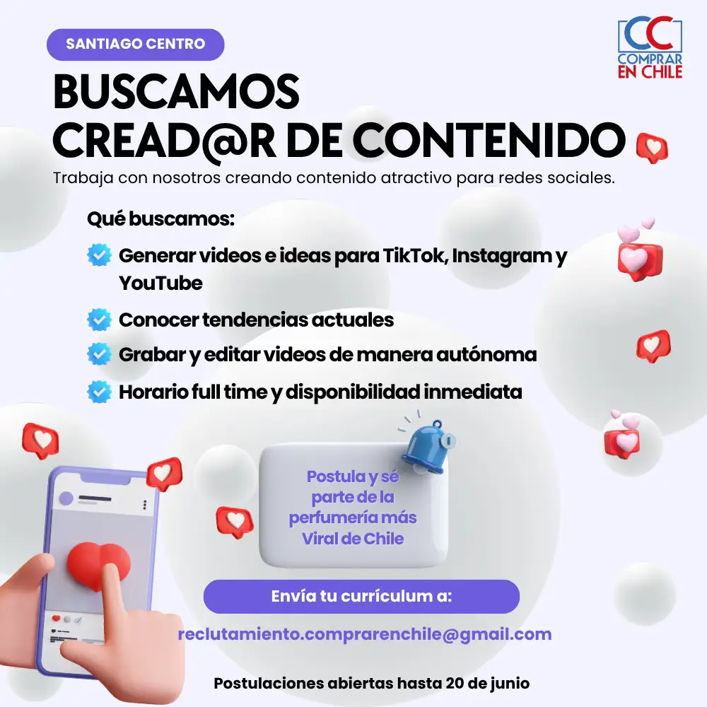 🎥 ¡Estamos buscando creador/a de contenido en Santiago Centro! ¿Te apasionan las redes sociales, las tendencias y grabar videos? Esta es tu oportunidad 🙌 📲 Postula enviando tu CV a: reclutamiento.comprarenchile@gmail.com 🕘 Full-time y disponibilidad inmediata 🗓 Postulaciones abiertas hasta el 20 de junio #TrabajoCreativo #CreadorDeContenido #MarketingDigital #EmpleoSantiago #ComprarenChile