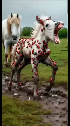 Baby Foal covered in lots of Red bugs, Saved by his Mom. #horse #rescuehorse #savehorse #rescue #rescueanimals #barnacles #animals #aianimals #aivideos #aigenerated #aiart