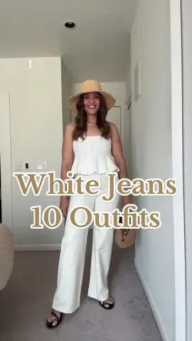 Styling white jeans 10 different ways in case you need some outfit inspiration! Which outfit is your favourite? #whitejeans #fashiontiktok #outfitideas #styleinspo #summeroutfits #stylinghelp 
