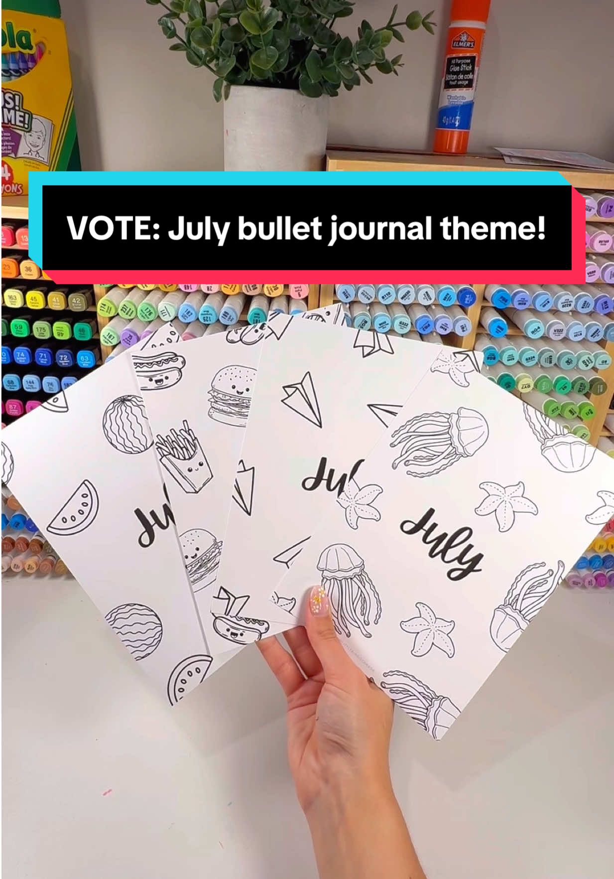 ITS TIME to pick the theme for my July bullet journal! ✨ Which one should I colour first: Option 1: Jellyfish 🪼  Option 2: Paper Planes ✈️  Option 3: Burgers 🍔  Option 4: Watermelon 🍉  I’ll start coloring the cover pages tomorrow 🥰 #july #julybujo #julybulletjournal #vote #2025planner #2025journal #coloring #colouring #bulletjournalsetup #fyp #foryoupage #foryou #BulletJournal #bulletjournalist #bulletjournalideas #bulletjournalspread #bujo #bujospread #bujoweekly #bulletjournalcomumunity #dailyjournal #journalideas #journalinspiration #journalspread #planneraddict #journalwithme #plannercommunity #plannerlife