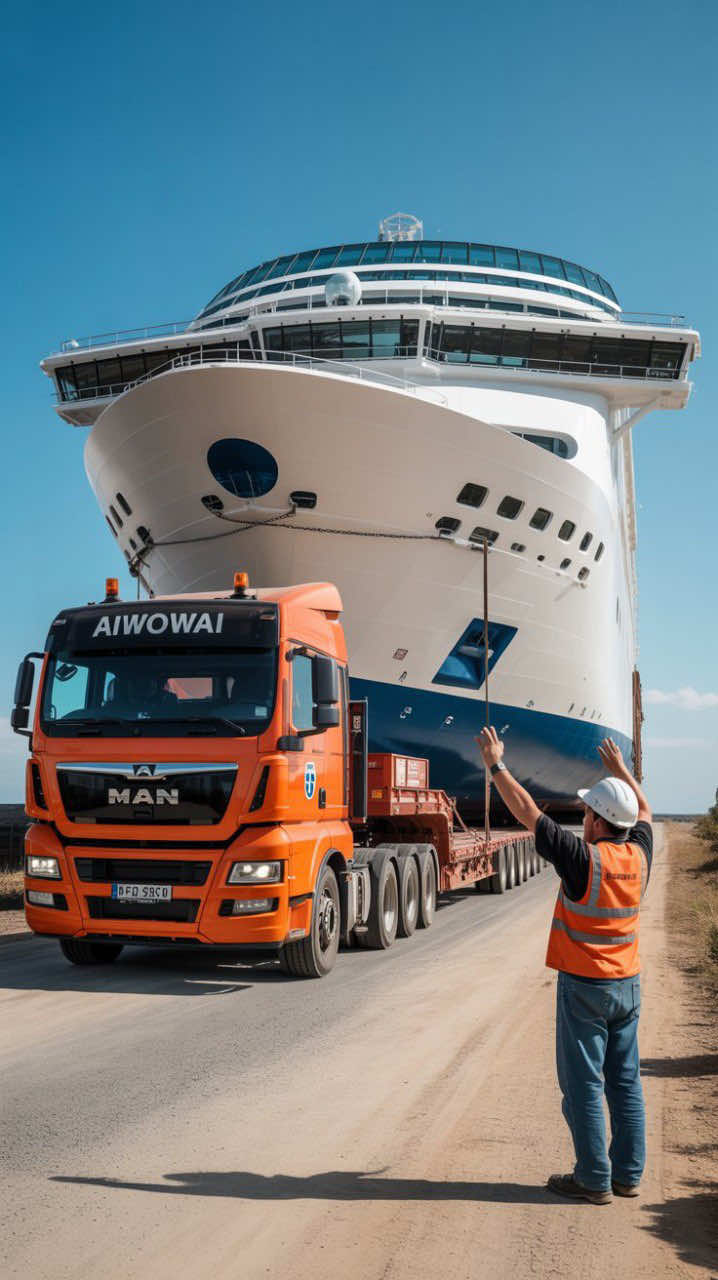 The ship started falling while moving 😱❗️ They were transporting a giant cruise ship across land… but then it started to tilt.  At second 6, the ship begins slipping off the trailer — the worker panics, arms flailing, dust rising…  This could’ve ended very badly. #aiwowai #transportation #epicfail #heavyequipment #constructionlife #wtfmoment #panicmode #realisticai #monstertruck #machinery 