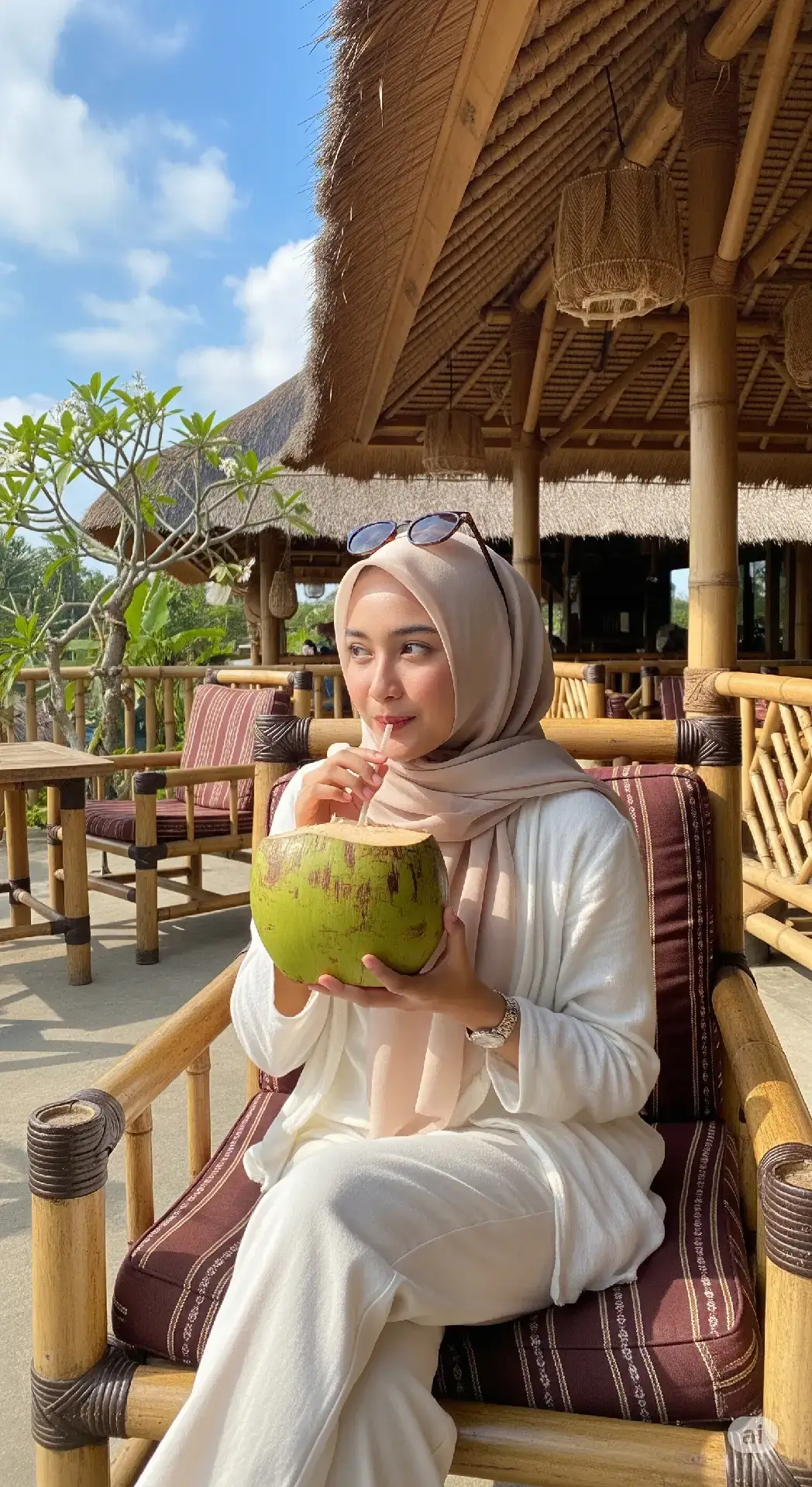 Buatkan gambar amatir (low quality) Gadis indonesia berparas sangat cantik umur 20 tahunan. Berkulit putih. Memiliki badan body slim. Wajah wanita ini tampak bersih dan segar, dengan riasan makeup natural bernuansa peach pada kelopak mata, pipi, dan bibir. Seorang wanita muda mengenakan hijab beige duduk santai di sebuah kafe outdoor bergaya tropis yang terbuat dari bambu dan kayu alami. Dia mengenakan pakaian berwarna krem pucat atau putih tulang dengan tekstur lembut, dan hijabnya dililit rapi. Kacamata hitam bertengger di atas kepalanya. Wanita tersebut sedang meminum air kelapa muda langsung dari buah kelapa hijau besar menggunakan sedotan. Ekspresinya santai dan bahagia, dengan mata memandang ke samping dan bibir sedikit tersenyum.  Ia duduk di atas kursi kayu dengan bantalan duduk berwarna merah tua dan cokelat, bermotif garis-garis etnik. Di belakangnya terlihat meja dan kursi kayu lainnya, serta atap jerami yang artistik, memberi nuansa alami dan eksotis. Langit biru cerah dengan awan putih lembut terlihat di latar belakang, memberikan suasana siang hari yang hangat dan cerah. Cahaya matahari alami menyinari wajah dan lingkungan sekitarnya, menciptakan bayangan lembut dan atmosfer tropis yang menyenangkan. Komposisi foto diambil dari tampak depan sejajar dengan mata subjek, memberikan kesan dekat dan intim. Dan hanya diambil setengah badan tidak nampak bagian kaki. Buat kulitnya tidak terlalu halus dan ada pori pori nya dan tambahkan noise sedikit pada gambarnya , buat tingkat realistis yang sangat tinggi sehingga menyerupai manusia nyata/asli dan buat foto nya amatir seperti difoto menggunakan Hp Android murah (Low Quality) yang belum mendukung efek bokeh,foto full body kelihatan seluruhnya masuk ke frame,(buat semuanya fokus tanpa bokeh/blur mulai dari Karakter dan Background nya). Buat ratio vertical 9:16 #aiprompt #prompt #gemini #geminiai #chatgpt #AI 