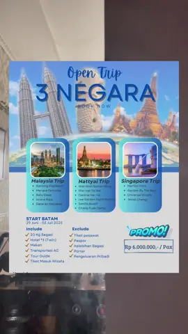 📣 OPEN TRIP 3 NEGARA — HABIBI TOUR 🌍✈️ Buat kamu yang butuh liburan  INI WAKTUNYA KELILING 3 NEGARA SEKALIGUS! 😍🔥 📌 Destinasi kece, itinerary anti ribet, teman perjalanan seru! 📅 29 Juni - 04 Juli 2025 💼 Hotel, tiket, transport, tour guide? Semua udah kami urus! 📸 Cocok buat kamu yang hobi foto-foto estetik & cari pengalaman baru 👥 Terbuka untuk solo traveler maupun barengan 💬 Tertarik? Langsung japri ya sebelum seat-nya penuh! 📲 “Sekarang giliran kamu yang bikin story keren dari 3 negara berbeda!” 🌎✨