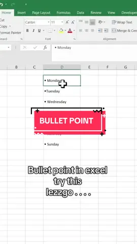 🟢 Excel Hack: Add Bullet Points in Cells! 💡 Tired of plain text in Excel? Try this shortcut: Press Alt + 7 on your numpad ➡️ Instant bullet point! • Perfect for lists, notes, and clean formatting. 📊 Make your spreadsheet look pro in seconds! #ExcelTips #ExcelHack #ProductivityHack #ExcelShortcut #OfficeTips