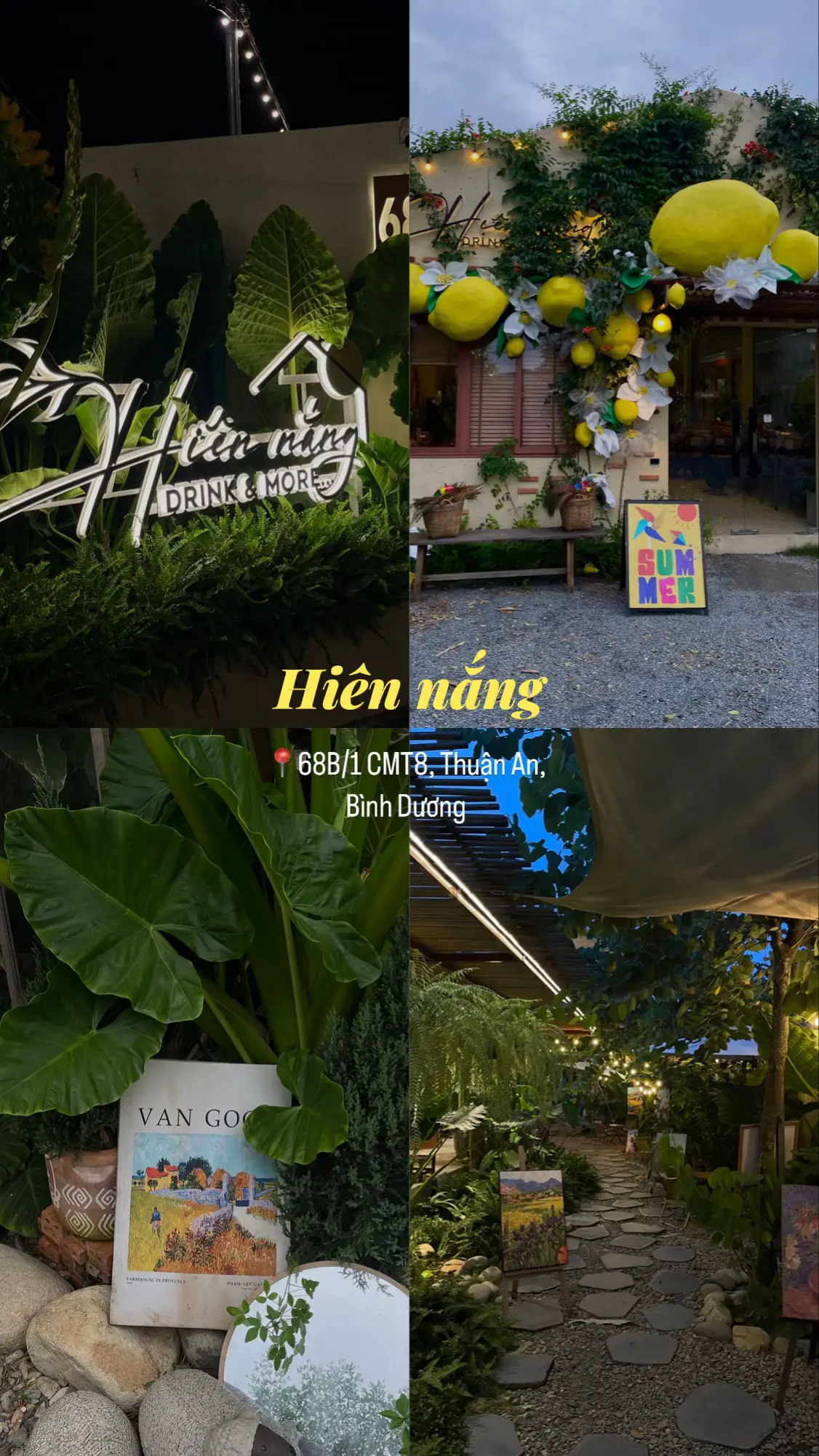 ☀️ HIÊN NẮNG – Vườn trong tranh giữa lòng Bình Dương 🎨 📍 68B/1 CMT8, Thuận An, Bình Dương Lạc vào một không gian ngập tràn cây cỏ, tranh vẽ, và ánh đèn vàng ấm cúng – Hiên Nắng đúng nghĩa là một khu vườn nghệ thuật giữa lòng Bình Dương. Từng góc quán được chăm chút như một bức tranh sống, từ lối đi lát đá, khu vườn treo tranh Van Gogh, đến nội thất gỗ cổ điển mix cùng decor mùa hè siêu yêu. 🍋✨ ☕ Món uống mát lạnh, bánh croissant thơm giòn – nhẹ nhàng đúng chất “chữa lành”. 📸 Góc nào lên hình cũng đẹp, tha hồ sống ảo hay chill một mình đọc sách, học bài. Ai muốn “trốn phố” vài giờ mà không cần đi xa, đây là điểm hẹn lý tưởng luôn nha! #xuhuong #binhduong #coffee #nhihaydicaphe #hiennang 