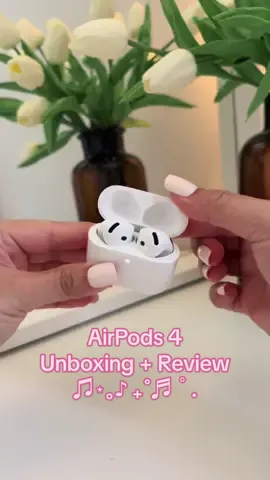 Unboxing and review of the @apple AirPods 4 (without noise cancellation)! ♥︎♫ My Honest Review: Coming from the second gen AirPods, the AirPods 4 are a huge upgrade. I'm really enjoying the new features: head geastures, personalized spatial audio, and voice isolation. There are tons of useful hidden features that come with the press/head gestures and voice control. The new H2 chip provides a huge upgrade in sound quality compared to the old H1 chip. Everything from the bass, midrange, and highs, have been drastically improved. Love the dynamic range! The earbuds themselves are much bigger than the first gen, but the benefit of that is that it makes them easier to stay in your ears, which comes in handy especially if you use them for the gym. The open ear design is comfortable to me, I personally prefer without the tips. I bought them without active noise cancellation since I have noise cancelling over-the-ear headphones already. The battery life has been great as well. Overall, I highly recommend the AirPods 4! 🤍 Pros:  • 5 hours of battery life consistent listening • 30 hours of battery life AirPod case  • Personalized Spatial Audio • Head tracking  • Voice control  Cons: • No volume control via press gesture (you can bypass this by adding a voice shortcut) • Not MagSafe! No wireless charging, USB-C only (the active noise cancelling AirPods are MagSafe).  • No built in case speaker for Find My  (active noise cancelling AirPods has it).  • Where my Apple sticker at?  #airpods4 #apple #Tech #techreview #asmr #asmrunboxing #unboxing #techtok #fyp 