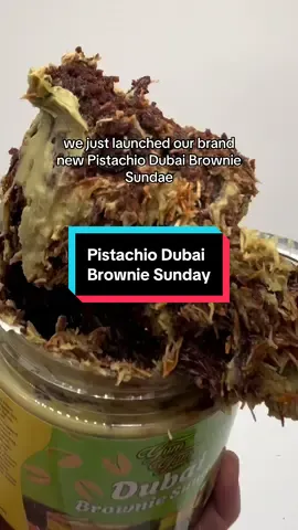 We just launched our brand new Piistachio Brownie Sunday.  This dessert in a jar is off the charts.  #dubaichocolate #pistachiocream #desserttiktok #dubaibrownies #yumyumcandyshop 