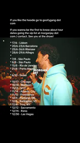 To be fair it was a 10pm show on a Friday in San Francisco so I understand why lil homie was tired. All are welcome at a Morgan jay show.  If you like the hoodie go to goofygang dot com If you wanna be the first to know about tour dates going the vip list at morganjay dot com / contact. See you at the show! * 17/6 - Lisbon * 20/6-23/6 Barcelona * 25/6-26/6 Warsaw  * 28/6-29/6 Athens  *  * 7/8 - São Paulo  * 8/8 - São Paulo  * 15/8 - Rio de Janeiro * 21/8 - Porto Alegre  *  * 6/10 - Dubai *  * 10/17 - Chicago * 10/18 - Madison * 11/13 - NYC * 11/14 - Atlantic City * 11/15 - Providence * 12/4 - Portland, ME * 12/5 - Burlington, VT * 12/6 - Troy, NY * 12/12 - Sacramento * 12/14 - Reno * 12/30 - Las Vegas 