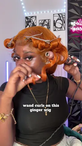 watch me try wand curls on this ginger wig , 13x6 28 inch straight wig @Dachic Hair #wigtok #fypシ #wigtutorial #darkskingirl #frontalwig #frontalinstall #straightwig #blackgirlhairstyles #viral 