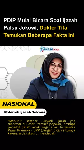 Lewat cuitan di akun media sosial X pribadinya, Dokter Tifa menyebut PDIP yang sedikit demi sedikit membocorkan hal ini perlahan mengarah ke satu kesimpulan. Ia menyebut adanya rekayasa ijazah yang dipakai saat melakukan pendaftaran di KPU. “Menarik ini ketika PDIP sudah bocor kasar, bukan bocor alus lagi tentang Rekayasa Ijazah yang dipakai untuk mendaftar KPU DKI Jakarta,” tulisnya dikutip Senin (16/6/2025). Mengutip pernyataan dari Beathor Suryadi ijazah ini hadir dan dipermak yang situs pembuatannya sudah dilenyapkan. “Menurut Beathor Suryadi, Ijazah ybs dipermak di Pasar Pramuka pojokan, lembaga penerbit Ijazah ketok magic alias Universitas Pasar Pramuka - UPP (Jangan dicari situsnya karena sudah digusur mendadak),” sebutnya. Menurutnya angkat bicaranya PDIP soal ijazah palsu ini menurut Dokter Tifa semakin menghadirkan fakta mencegangkan. Apalagi, menurutnya hilangnya Pasar Pramuka Salemba yang secara mendadak di tahun 2012 silam. “Simak ya ketika Banteng sudah ikutan melabrak ijazah. Dan ada tokoh yang hilang,” tuturnya. “Saya langsung mikir. Kenapa ya Pasar Pramuka Salemba itu tiba-tiba digusur mendadak tahun 2012, lalu bersih tak bersisa tahun 2015?,” ungkapnya. “Apakah ada berusaha yang membersihkan jejak ? Hohohoho ketawa ala santa klaus. Bang Beathor, time is yours,” terangnya. Sumber: fajar.co.id #politik #viral #fyp #beritaviral #jokowi 