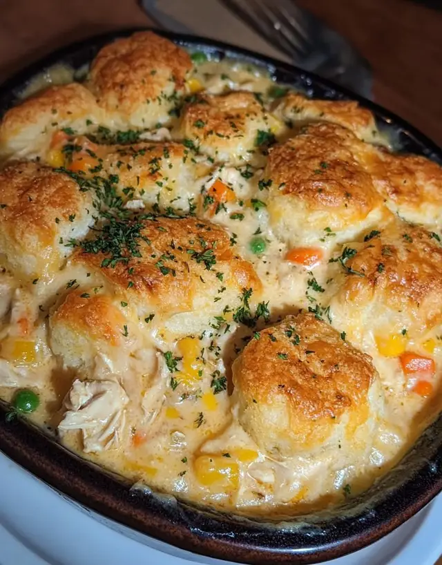 🍗 Cheddar Bay Biscuit Chicken Pot Pie Ingredients: - 1 rotisserie chicken, shredded - 1 bag frozen mixed vegetables - 2 cans cream of chicken soup - 2 tablespoons sour cream - ¼ cup milk or heavy cream - Salt and pepper, to taste - 1 box Red Lobster Cheddar Bay Biscuit mix (including seasoning packet) Instructions: 1. Preheat Oven: Set your oven to 375°F (190°C). 2. Prepare Filling: In a large bowl, mix together the shredded rotisserie chicken, frozen vegetables, cream of chicken soup, sour cream, and milk or heavy cream. Season with salt and pepper to taste. 3. Assemble the Bake: Spread the chicken and vegetable mixture evenly in a large baking dish. 4. Prepare Biscuit Topping: Prepare the Cheddar Bay Biscuit mix according to the package instructions, including the seasoning packet. 5. Top the Pot Pie: Drop spoonfuls of the biscuit dough evenly across the chicken mixture in the baking dish. 6. Bake: Place the dish in the oven and bake for 25-30 minutes, until the biscuits are golden brown and cooked through. 7. Serve: Allow the pot pie to cool slightly before serving. Enjoy this delicious twist on classic chicken pot pie with a savory Cheddar Bay Biscuit topping! Prep Time: 15 mins   Cooking Time: 25-30 mins   Total Time: 40-45 mins   Kcal: Approx. 320 per serving   Servings: 6-8