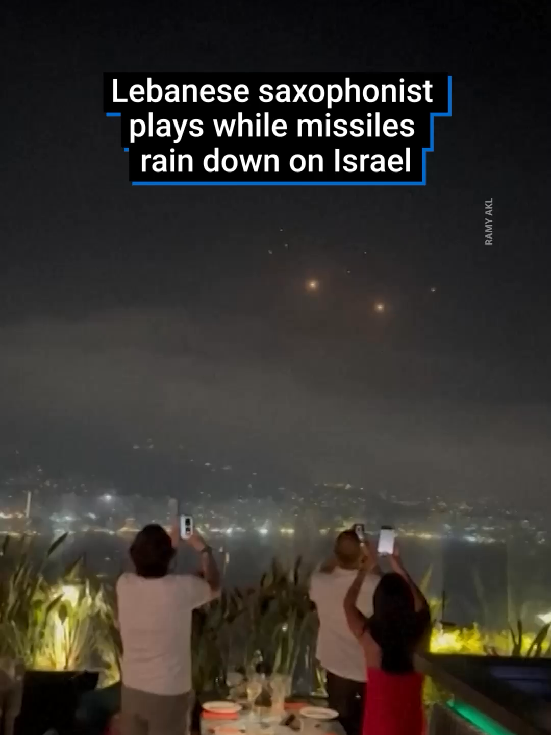 As Iranian projectiles hurtled towards Israel on Saturday June 14th, it didn't stop people from partying at a rooftop in neighbouring Lebanon. According to Ramy Akl, who attended the rooftop event in the Lebanese village of Kfar Yassine, Akl said that he and other attendees were in no mood to enjoy the sight of the missiles, which they were 'shocked' to see, adding that he admired the professionalism of the saxophonist, who kept on playing as the night sky lit up with hurtling projectiles. #lebanontiktok #saxophonist #conflict #middleast