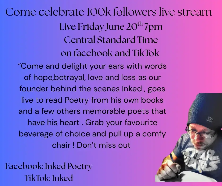 Come on and hang out with your favorite sadtok poet. As I spend time reading poetry from own books and poets I love. It’s going to be a great time. #poetry #inkedpoetry #poets #ceoofsadtok 