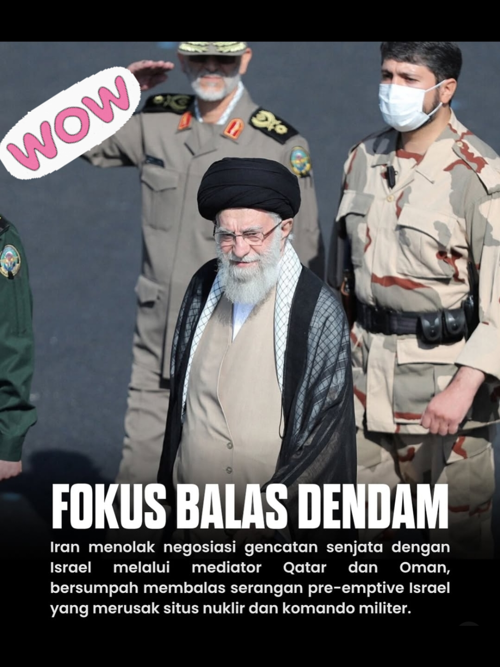 Pemimpin Tertinggi Iran, Ayatollah Ali Khamenei, bersumpah untuk membalas dendam dengan kekuatan penuh. Dalam pernyataan yang disiarkan televisi pemerintah, Khamenei mengecam Israel atas apa yang disebutnya sebagai 