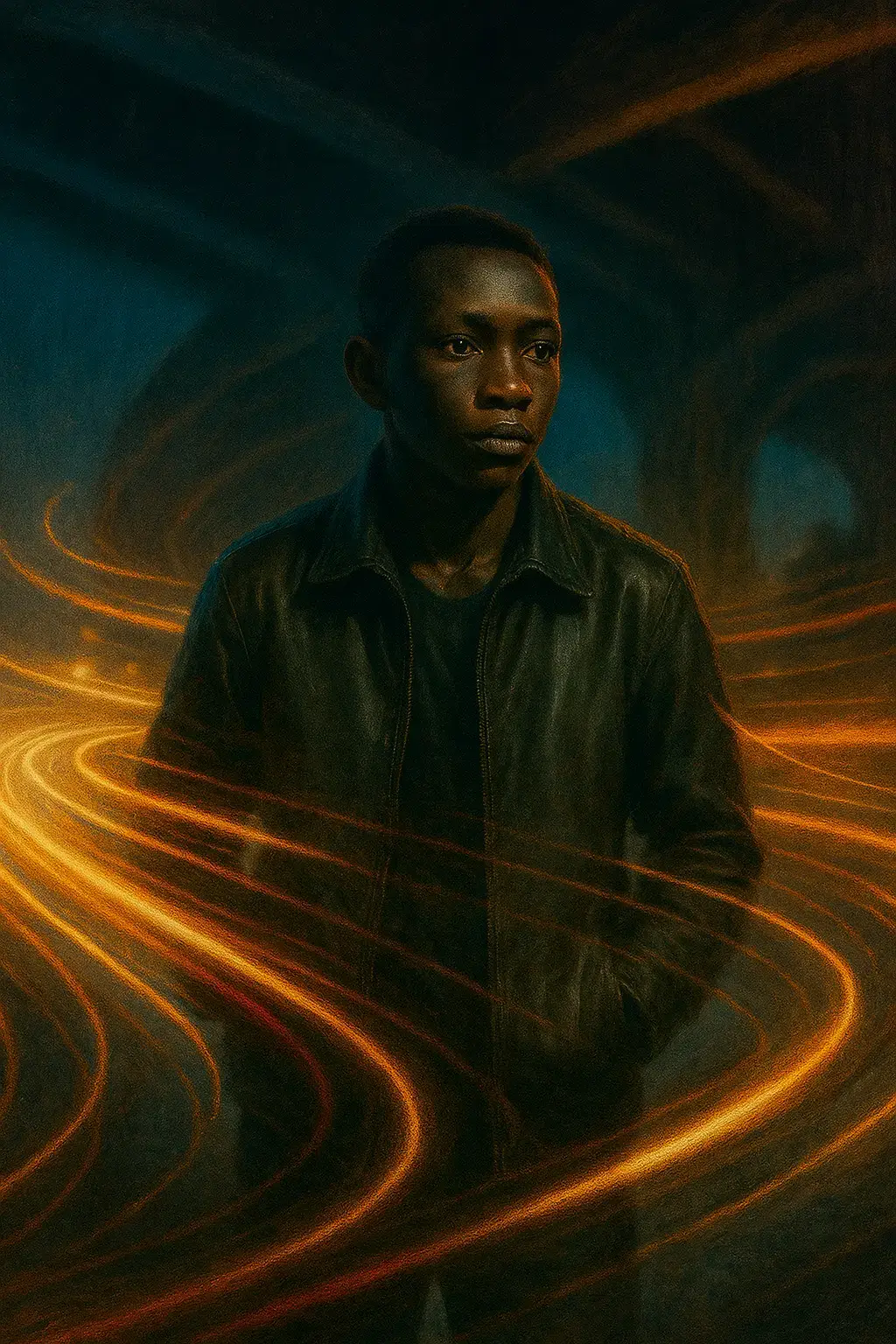 #Backlit portrait of me under an overpass at twilight , city lights trailing around me in long exposure streaks. I'm in perfect sharpness dressed in a leather jacket with hands in pockets . A sense of isolation and focus dominates the frame, with deep shadows and a soft cinematic bloom to the light sources .