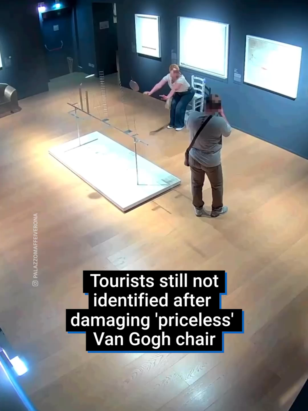 A couple who were caught on camera breaking a chair covered in hundreds of glittering crystals have still not been identified after fleeing the  Palazzo Maffei museum, in Verona Italy. The chair was built by Italian artist Nicola Bolla and is bejewelled with hundreds of Swarovski crystals made as a tribute to Van Gogh's painting of a chair. The piece is said to be priceless, because the museum declined to provide an estimate of its value when asked by the media. #tourist #flee #vangough #chair