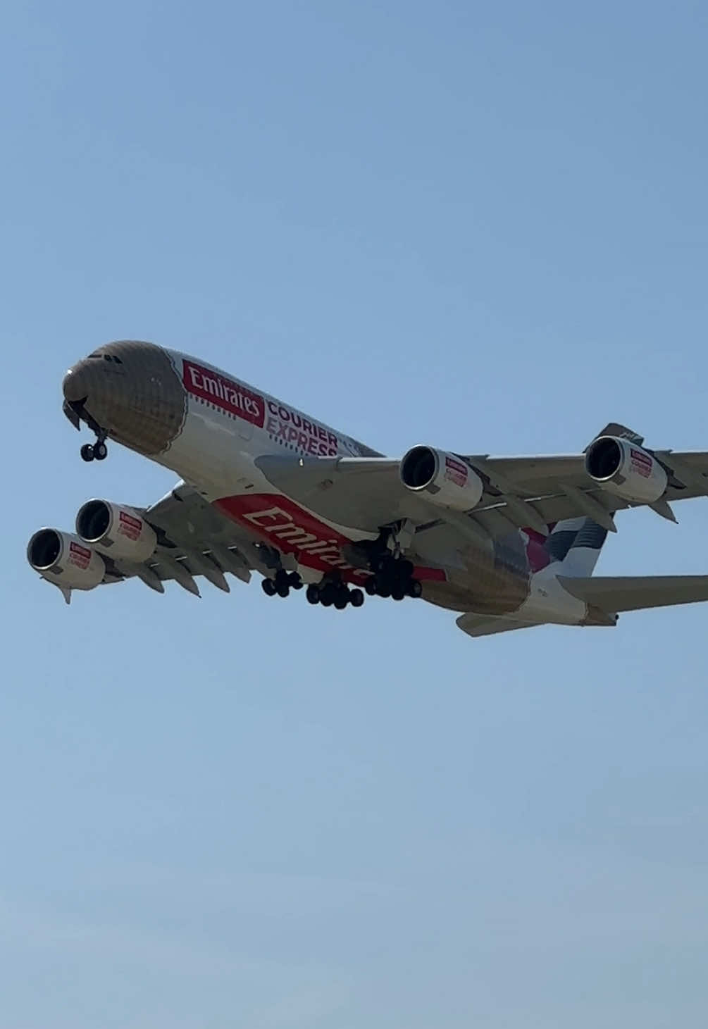Emirates (Emirates Courier Express Livery) A380 Takeoff on Runway 16 at Zurich Airport #planespotting #zurich #zurichairport #emirates #emiratescourierexpress #courierexpress #livery #airbus #a380 #fyp 