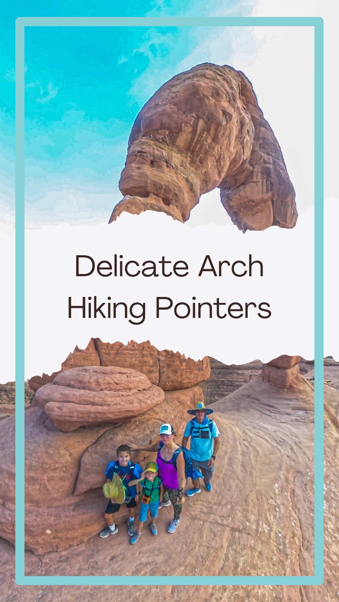 This trail is just over 3 miles round trip with about 480 ft of elevation gain. It’s not terrible when you read it like that, but don’t be fooled. It was tougher than I expected! That middle section has a solid incline that really got my legs burning, my heart pumping, and my lungs breathing. (To be fair though, we did another hike just before this one in in triple-digit heat in the middle of the day.) We started the hike around 6 PM, which we highly recommend! It was still warm but manageable, and the lighting was perfection with just a little cloud cover. We hit the top just as the sun was dipping low and then got to enjoy the full sunset on the way back down. Bonus: low crowds at the arch! Tips if you go: ✔️ Bring plenty of water, even if hiking in the evening ✔️ No shade, so wear sun protection regardless of time ✔️ The trail isn’t clearly marked in some places (especially on the slickrock), so try not to be the last one out ✔️ No water at the trailhead And speaking of being last out… we saw so many people starting the hike after 8 PM and it legit baffled us. They were heading up as we were heading down, and unless they had headlamps (which we didn’t see), I can’t imagine coming back in the pitch black. The trail can be hard to follow, especially if you’re alone. Definitely plan ahead and hike smart! #DelicateArch #ArchesNationalPark #UtahHikes #FamilyAdventure #SunsetHikes #RVLife #FullTimeTravel #TravelFamily #NationalParks #HikingTips #EpicViews #IconicHikes #TravelWithKids