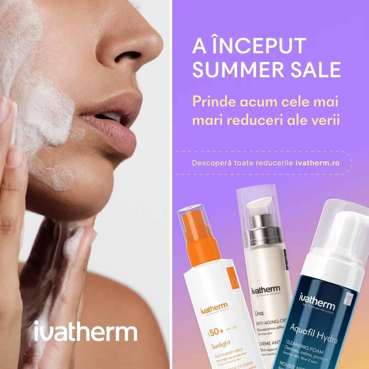 Prinde cele mai bune oferte ale sezonului și oferă pielii tale o rutină completă, de la curățare până la protecție solară și regenerare. 💜 Rutina ta de beauty e acum mai accesibilă ca niciodată! 🛍 Intră pe ivatherm.ro și alege-ți preferatele! #MegaBUZZ_Ivatherm #Ivatherm #Skincare@BUZZStore @Ivatherm 
