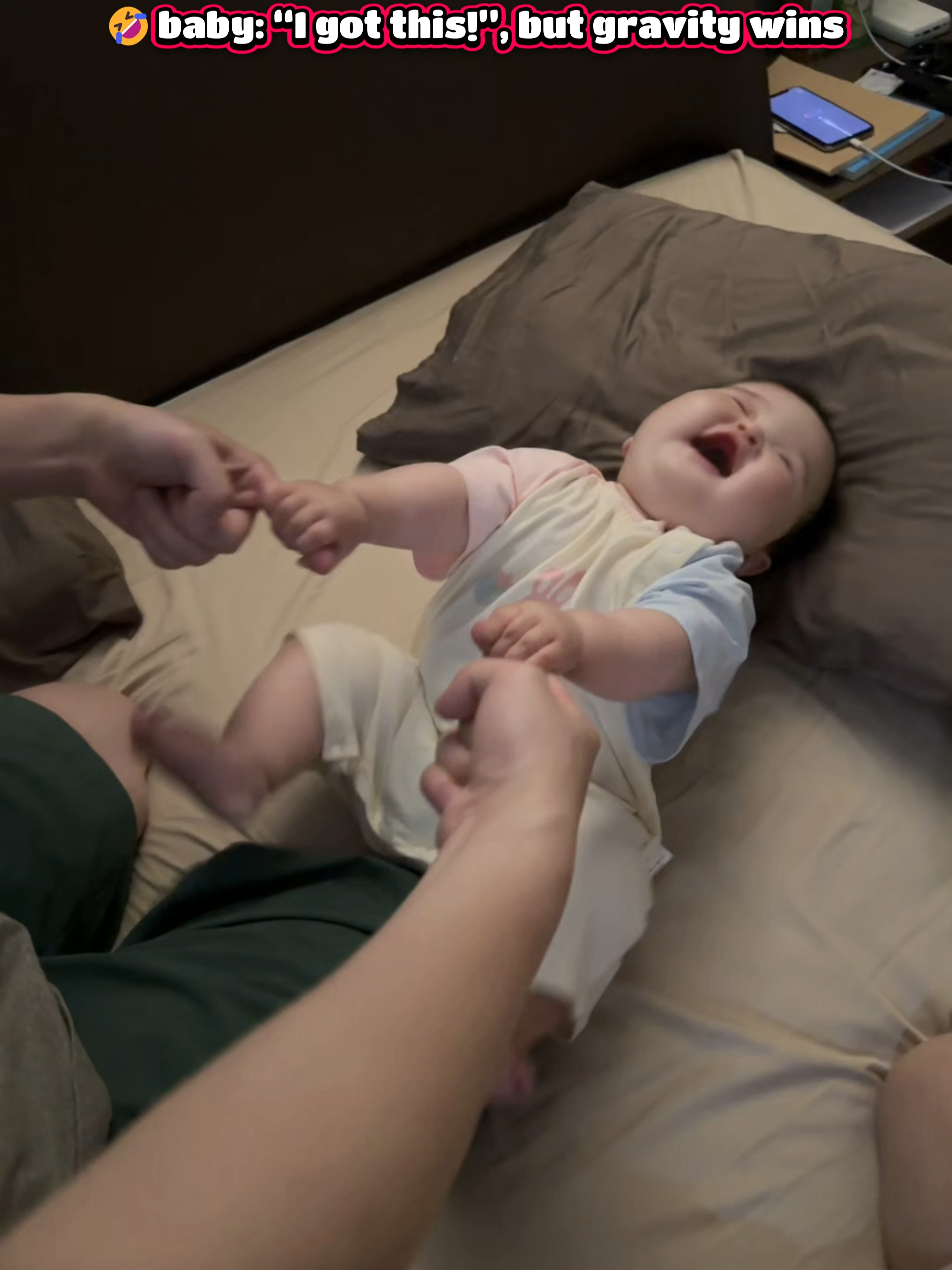 😅 baby tries to get up but oops... not today! #babyfail #cutebaby#daddysfingers