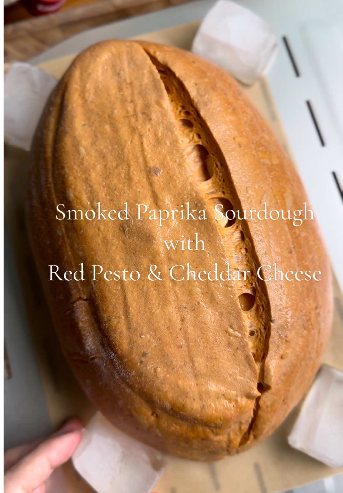 𝕊𝕞𝕠𝕜𝕖𝕕 ℙ𝕒𝕡𝕣𝕚𝕜𝕒 𝕊𝕠𝕦𝕣𝕕𝕠𝕦𝕘𝕙 𝕨𝕚𝕥𝕙 ℍ𝕠𝕞𝕖𝕞𝕒𝕕𝕖 ℝ𝕖𝕕 ℙ𝕖𝕤𝕥𝕠 𝕒𝕟𝕕 ℂ𝕙𝕖𝕕𝕕𝕒𝕣 ℂ𝕙𝕖𝕖𝕤𝕖 🌶️🧀 Bold, smoky, and bursting with flavor — this smoked paprika sourdough is a true showstopper! Swirled with vibrant homemade red pesto and generously layered with rich smoked cheddar, every slice delivers a perfect balance of warmth, depth, and tang 😋 Optimal steam and high heat ensure that the sourdough crust is crisp and golden, while the inside stays tender with pockets of melted cheese and pesto goodness in every bite.  This is my first time making red pesto and it was AMAZING! 🤤 Whether toasted for breakfast or paired with soup, this loaf brings comfort with a kick. Crafted with care and packed with personality, it’s not just bread. It’s a flavor-packed experience that is worth every effort to make it yourself at home!  . . . . . . #Sourdough#homebaking#homemadebread#guthealth#lievitomadre#masamadre#paprika#redpesto #bread#bake#artisanbread#explorepage#recipes#tutorial#recipereel#bakersofinstagramon#asmr#satisfying#sandwich#bakersofinstagram#levain#shebakesourdough#homebakery#breakfast#sourdoughstarter#fyp#bakingtipsandtricks#天然酵母#天然酵母パン