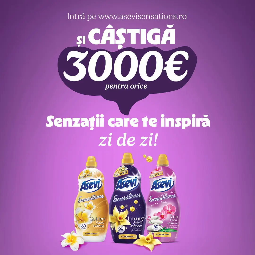 💫 Lasă-te inspirat de arfumul preferat și transformă-ți pasiunea în realitate cu balsamul Asevi Sensations! 💫 Poți câștiga 3.000€ pentru a-ți susține visul, hobby-ul sau acel „ceva” care te inspiră zi de zi!🌟   🤔Cum te înscrii în concurs? Simplu, urmează acești pași:   1️⃣ Cumpără orice balsam Asevi Sensations (Golden, Luxury, Zen, Pasion sau Dreams) în perioada 3 – 25 iunie 2025. 2️⃣ Păstrează bonul fiscal! 📄 3️⃣ Intră pe https://asevisensations.ro și completează formularul de înscriere. Poți participa cu mai multe bonuri, atât timp cât sunt diferite și se vede clar produsul achiziționat.   🏆 Extragerea are loc pe 26 iunie 2025, iar marele câștigător va primi 3.000€ ca să-și urmeze pasiunea! ✨ Hai și tu în cursa pentru visul tău! Cu Asevi Sensations, parfumul persistă, iar inspirația prinde viață. 📌 Nu uita să citești regulamentul oficial al concursului – îl găsești pe site!  @BUZZStore @Asevi România  #BUZZ_BalsamAseviSensations #AseviSensations #AseviRomania #senzatiicareteinspira #balsam