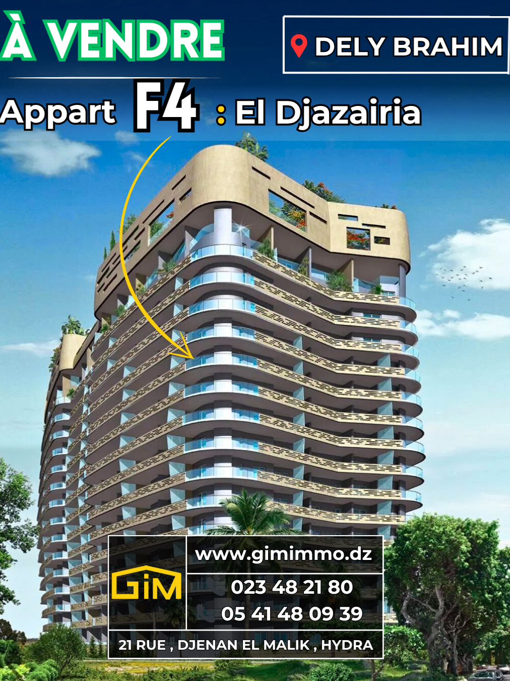 🟢 A VENDRE – Élégant appartement F4 de 140 m² à El Djazairia 🔹 Superficie : 140 m² 🔹 Type : F4 – 3 chambres + salon spacieux 🔹 Situé au 6ᵉ étage avec ascenseur 🔹 Grande terrasse avec vue panoramique 🔹 Chambres avec placards encastrés 🔹 Cuisine équipée avec buanderie attenante 🔹 2 salles de bain + toilettes invités 🔹 Acte de propriété et livret foncier disponibles 📍 Résidence de haut standing El Djazairia : sécurité 24h/24, espace vert, parking, proche des écoles internationales, commerces et grands axes. 📲 Contactez-nous dès maintenant pour plus d'infos ou programmer une visite ! 📲 DM ou WhatsApp : 0541480939 📞 Fixe : 023 48 21 80 📧 Email : contact@gimimmo.dz 📍 Adresse : 21, Rue Djenan el Malik, Hydra, Alger ⏳ Offre limitée – Ne ratez pas cette opportunité premium ! #ImmobilierHydra #AppartementF4 #RésidenceElDjazairia #GIMImmo #VuePanoramique
