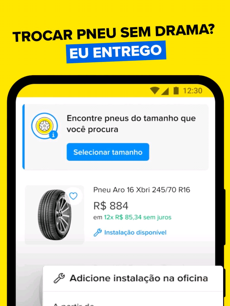 Você piscou e seu pneu novo chegou. Sem estresse, sem engraxar a mão 🤝 Quer mais o quê? É só entrar no app! #DescriçãoDaImagem Vídeo com o passo a passo do novo serviço de instalação de pneus pelo app. Na tela, surgem vários tipos e modelos disponíveis, surge o texto “Compre seus pneus e já agenda a instalação na oficina parceira”. Depois, é mostrada a sequência em letreiro e com a imagem de um celular mostrando a tela do app: 1- selecione os pneus elegíveis à instalação (eles possuem uma tag azul escrito “instalação disponível”). 2- selecione o serviço de instalação em uma oficina parceira (basta clicar no botão azul). Uma van amarela surge com o texto “O Mercado Livre cuida de tudo”. Uma notificação escrito “Instalação pronta para começar. Leve o veículo na oficina e mostre o QR Code” surge. Corta para o passo “3- leve o seu veículo na oficina e tenha seus pneus trocados”. Finaliza com o letreiro “pneus trocados sem complicações” e o logo do Mercado Livre.