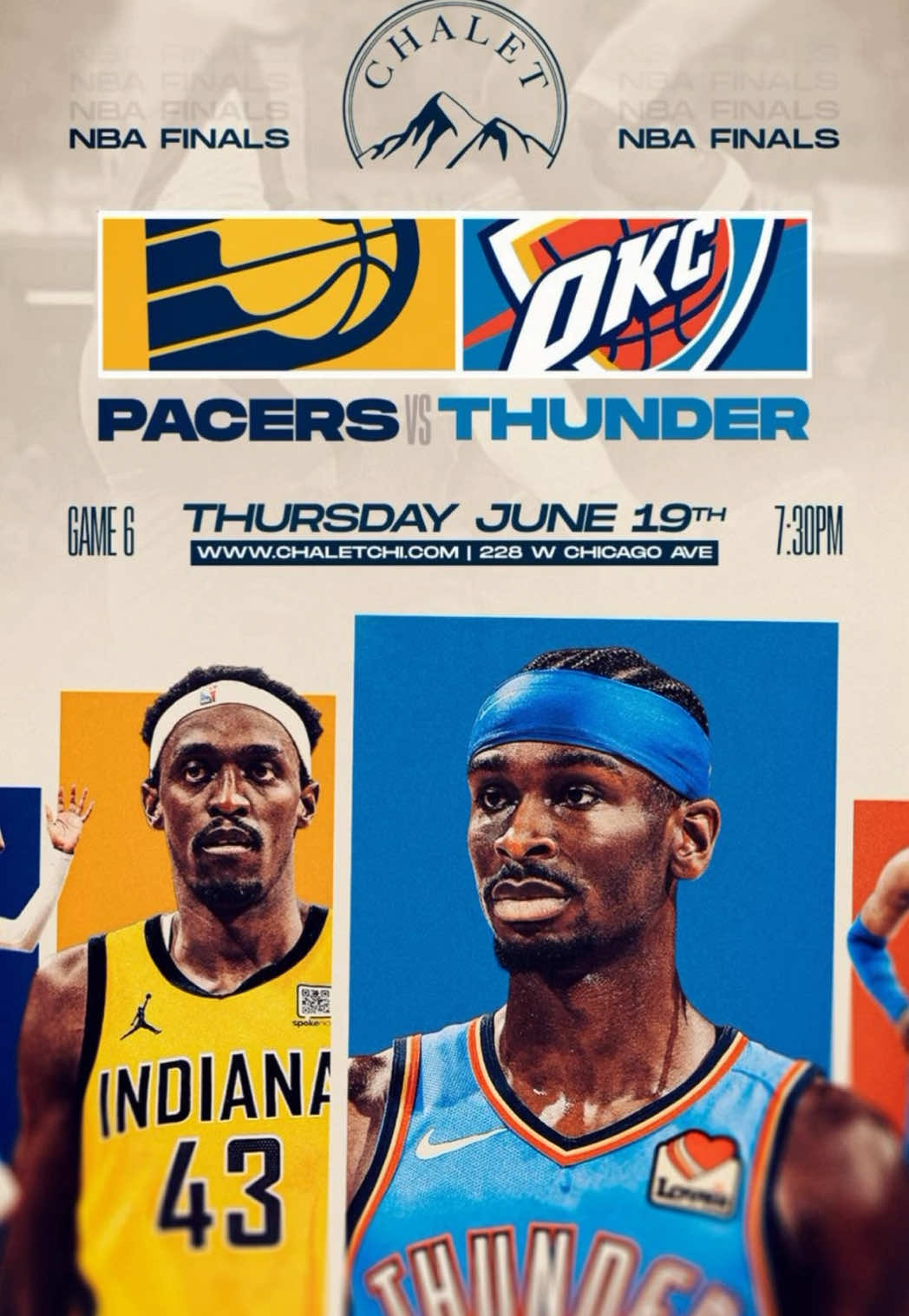 🏀 Game 6 Watch Party: OKC Thunder vs Indiana Pacers 🏀 The Finals are heating up and it all goes down this Thursday at 7:30PM at Chalet! Will the Pacers force a Game 7 or will OKC take it all? Either way, the drinks will be cold, the food will be fire, and the energy will be electric ⚡️🔥 Grab your crew, rep your team, and let’s make it a night to remember 🏆 📍 Chalet Chicago • Tip-off 7:30PM #NBAFinals #Game6 #ThunderVsPacers #WatchPartyVibes #ChaletChicago #ChicagoSportsScene