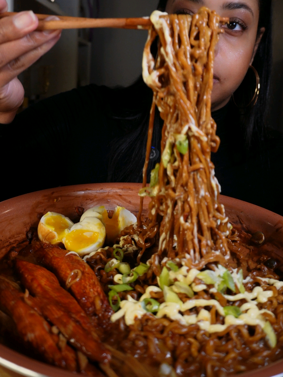 No talking JJAJANG Buldak noodles, imitation crab, and runny eggs 🤤 @Buldak  #mukbang #mukbangeatingshow #jjajang #buldakjjajang #kewpiemayo #imitationcrab #bigbites #creatorsearchinsights #fyp #fypシ #asmreatingsounds 