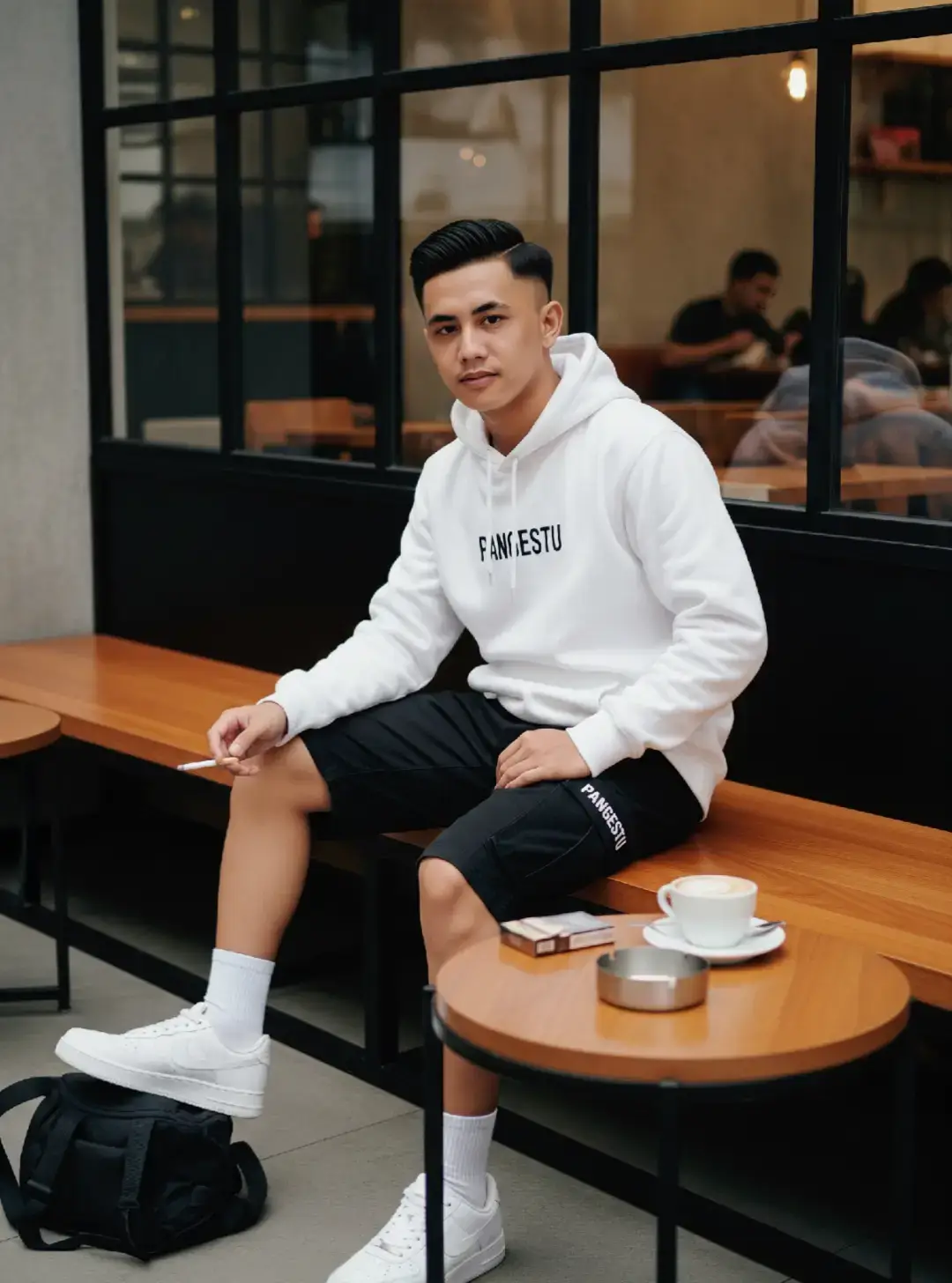 PROMPT:Seorang remaja laki-laki putih indonesia umur 28-an gaya rambut sedikit mohak/mohek. duduk santai di atas bangku di dalam kafe modern desampingnya ada meja diatasnya ada sebungkukus roko, asbak dan ada kopi di meja tersebut. Ia mengenakan hoodie putih dengan tulisan kecil keren PANGESTU ,Ia juga memakai celana pendek hitam model cargo merek PANGESTU dan sepatu sneakers putih bersih. Tangan sebelah kanang sedang memegang sebatang roko, dan ia menatap kamera dengan ekspresi tenang dan percaya diri. Rambutnya tertata rapi dengan belahan tengah. Latar belakang menunjukkan suasana kafe yang hangat dan ramai dengan pengunjung lain yang duduk dan berbincang di meja-meja kayu, dipisahkan oleh dinding kaca dan besi hitam. Pencahayaan alami merata dari muka ke kaki dan suasana interior yang kekinian menambah kesan kasual dan urban pada foto ini. Resolusi foto 3:4 #gemini #Ai #fyppppppppppppppppppppppp #f #fyp #faceswap #photomagic #chatgpt #photolab #photography 